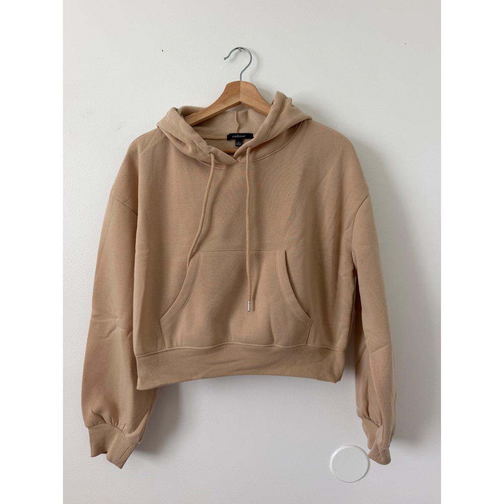 Women's Tan Cropped Hoodie Sweatshirt – Trendy Casual Pullover – Large – New
